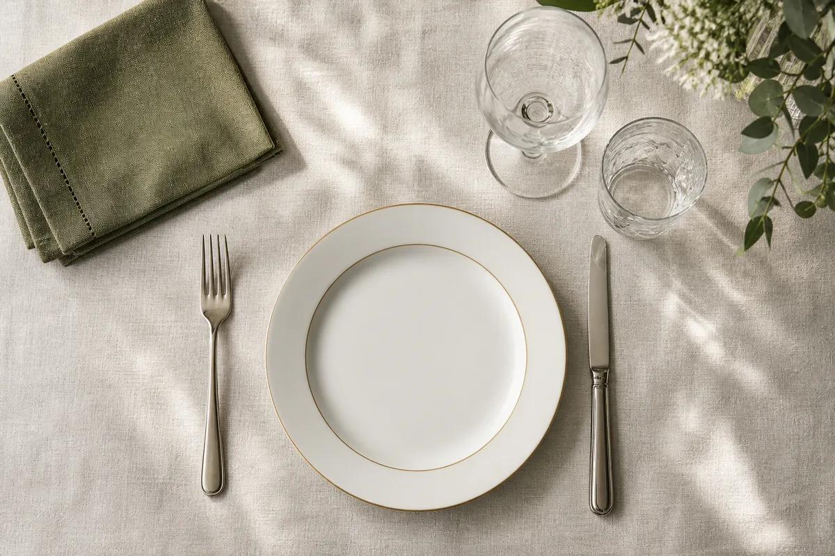 Mise en place à la française sur une table de repas associatif, assiette, couverts et verres alignés