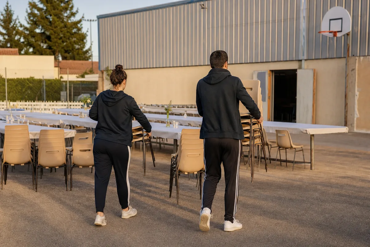 Bénévoles installant des chaises de terrasse empilables autour des tables avant un repas de club en extérieur