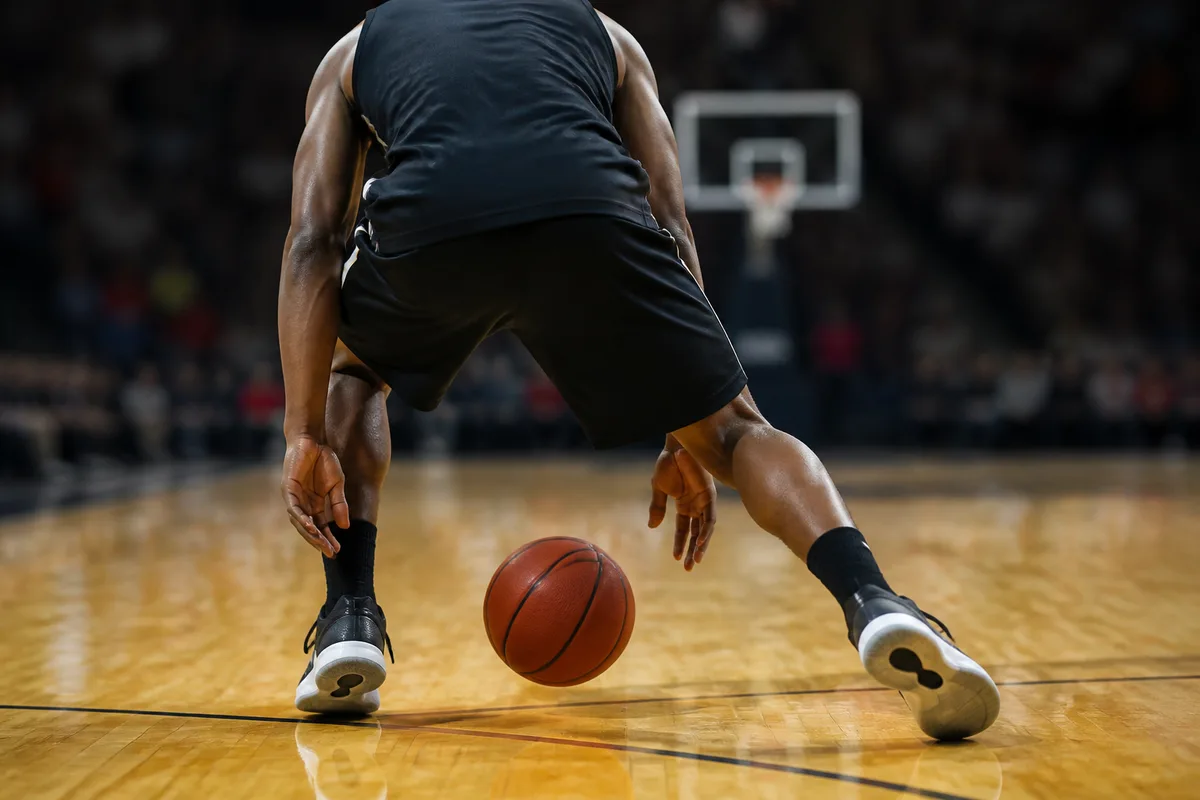 Basketteur de dos effectuant un changement de main balle au ras du parquet