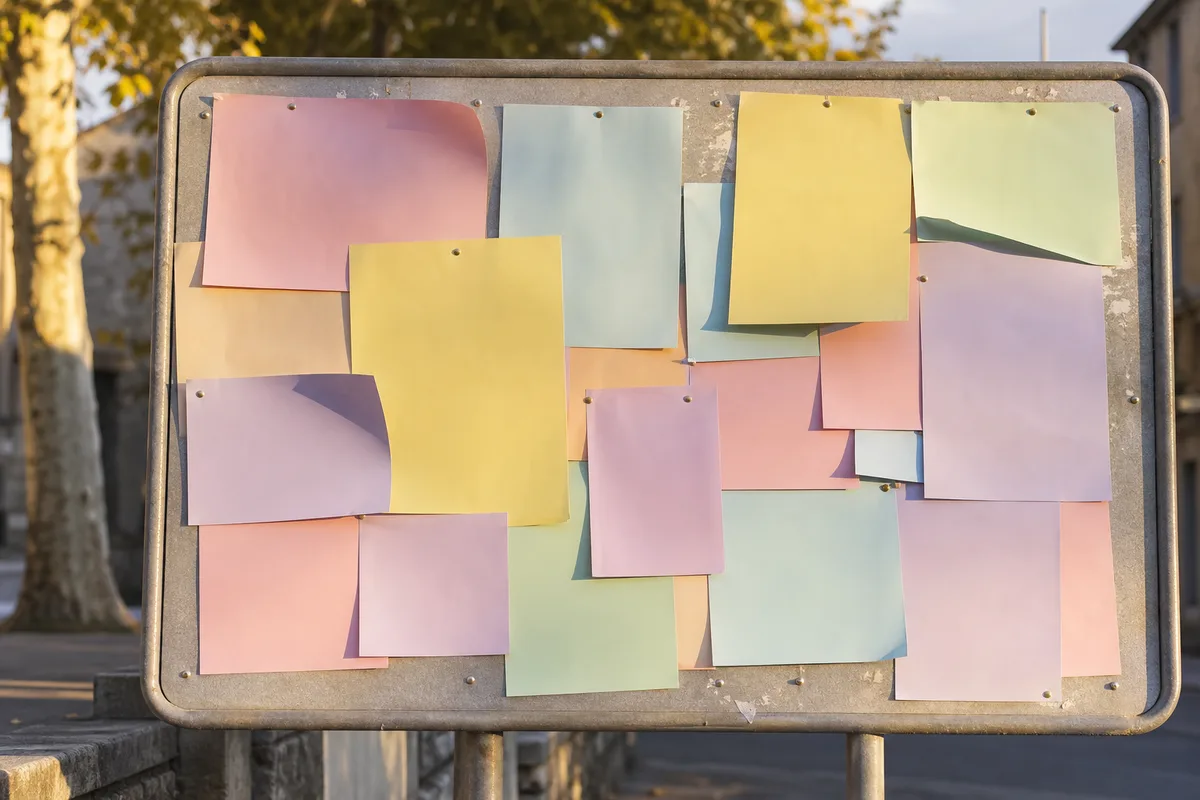 Panneau d&rsquo;affichage libre municipal couvert d&rsquo;annonces associatives sous une lumière de fin d&rsquo;après-midi