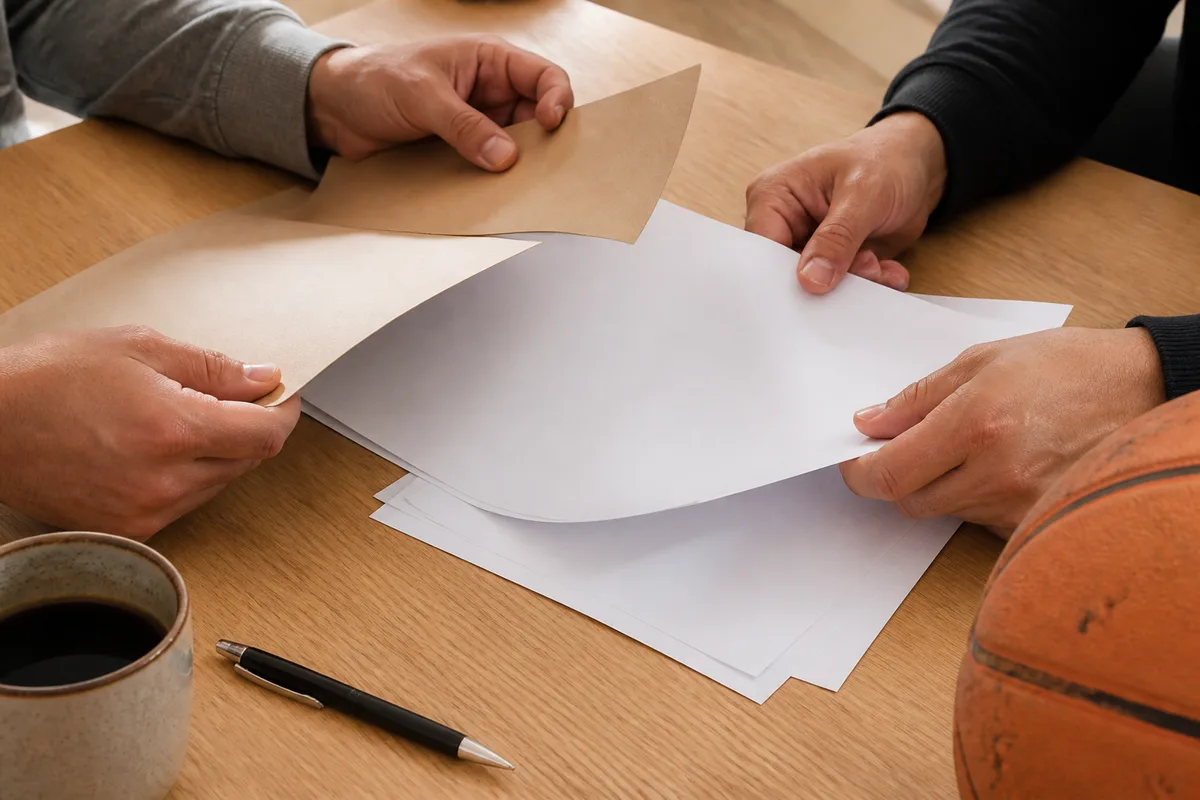 Mains de dirigeants associatifs feuilletant un dossier de partenariat imprimé sur une table de club