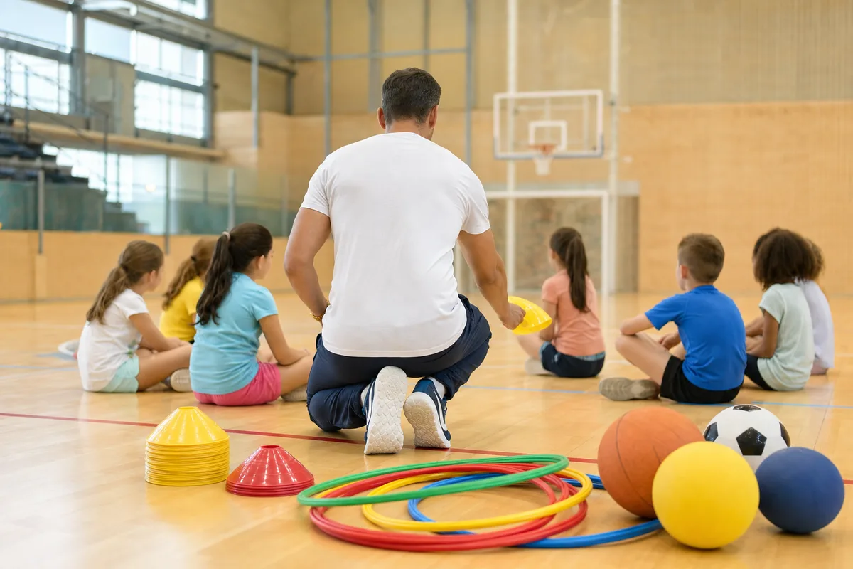 Un éducateur sportif encadre un groupe d&rsquo;enfants dans un gymnase municipal