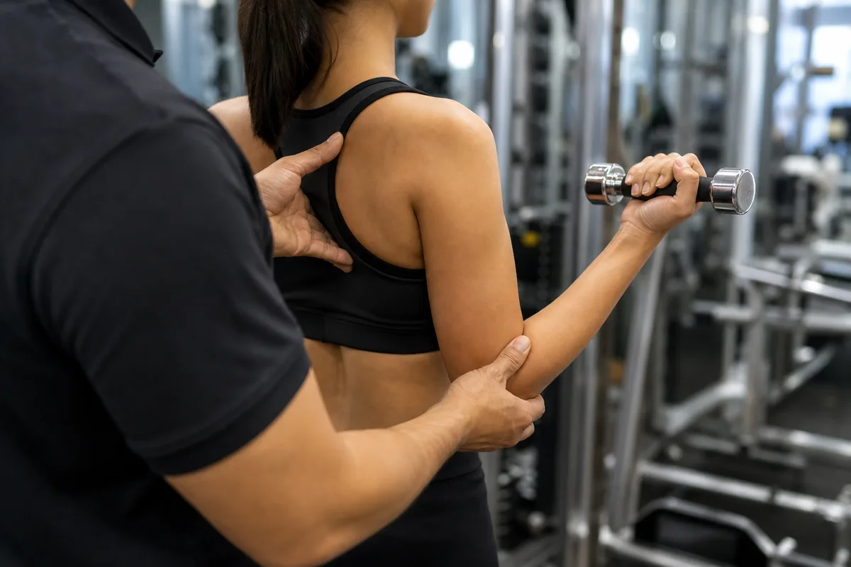Un moniteur de salle de remise en forme corrige la posture d&rsquo;une adhérente