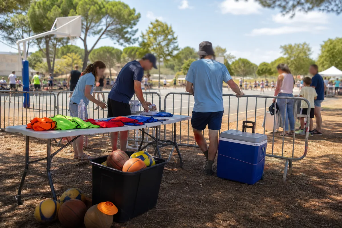 Une équipe associative organise un tournoi sportif local en plein air