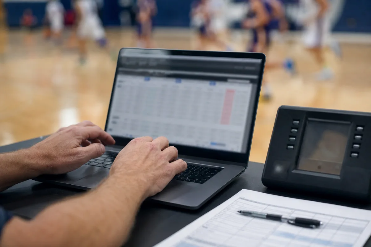 Ordinateur portable affichant une feuille de match numérique lors d&rsquo;une rencontre